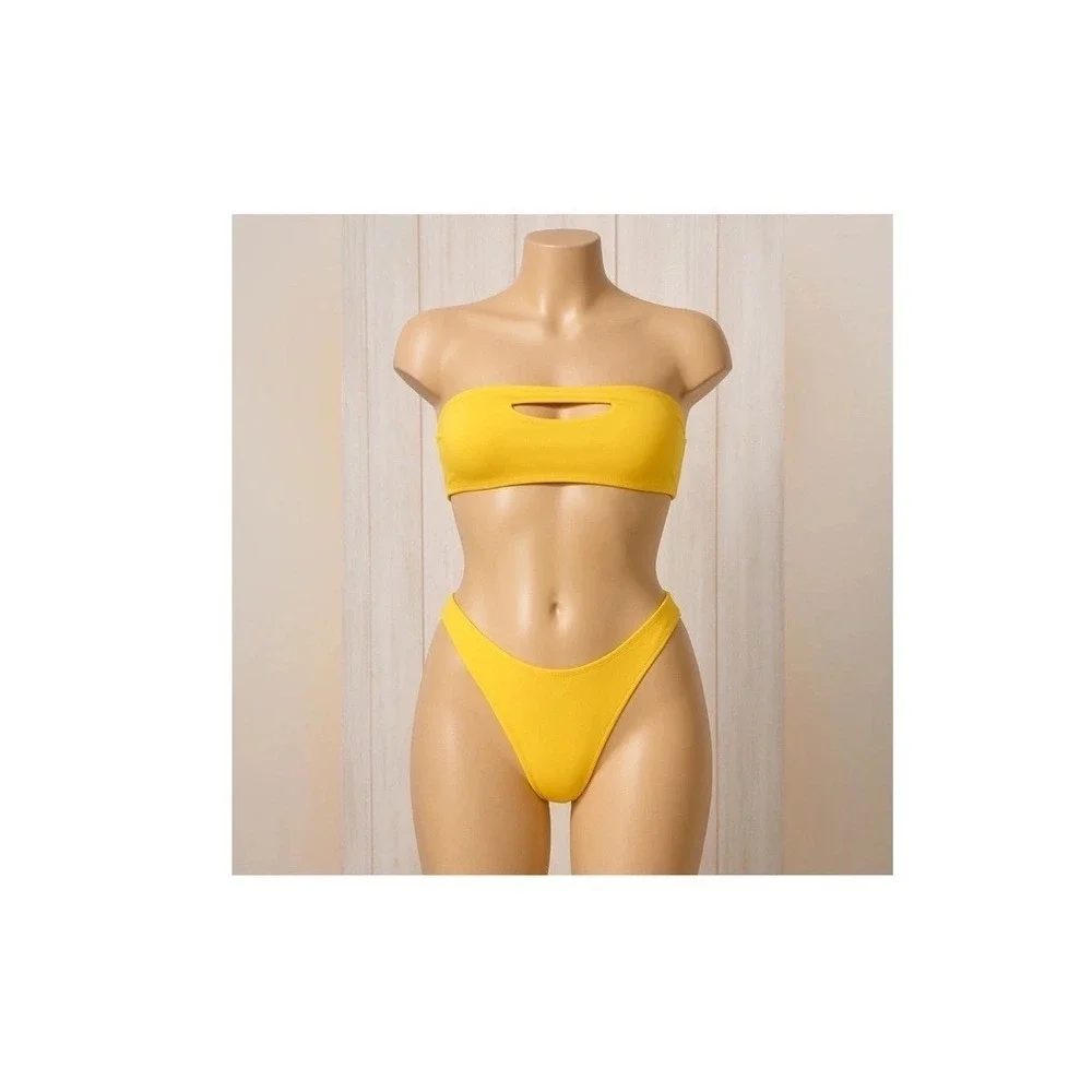Fashion Nova Yellow Bandeau Bikini Set Cutout High Leg Cheeky Swimsuit XS